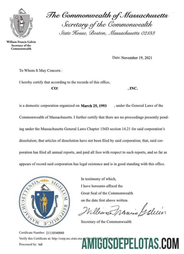 Certificado de boa reputação dos EUA Massachusetts amostra